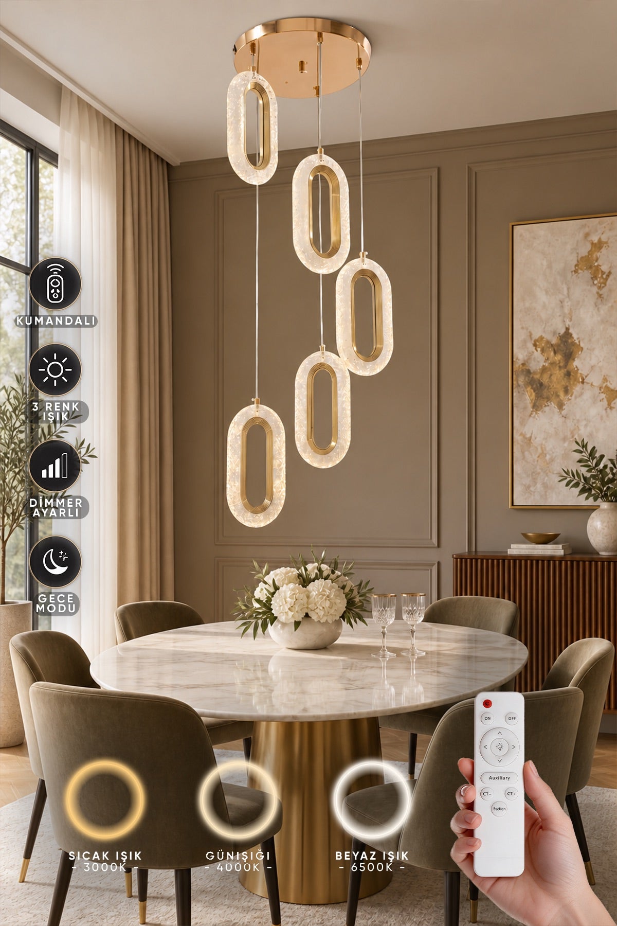 Eleni Gold 5'li Lüks Kumandalı Dimmerli 3 Renk Ledli Avize Modern Led Avize