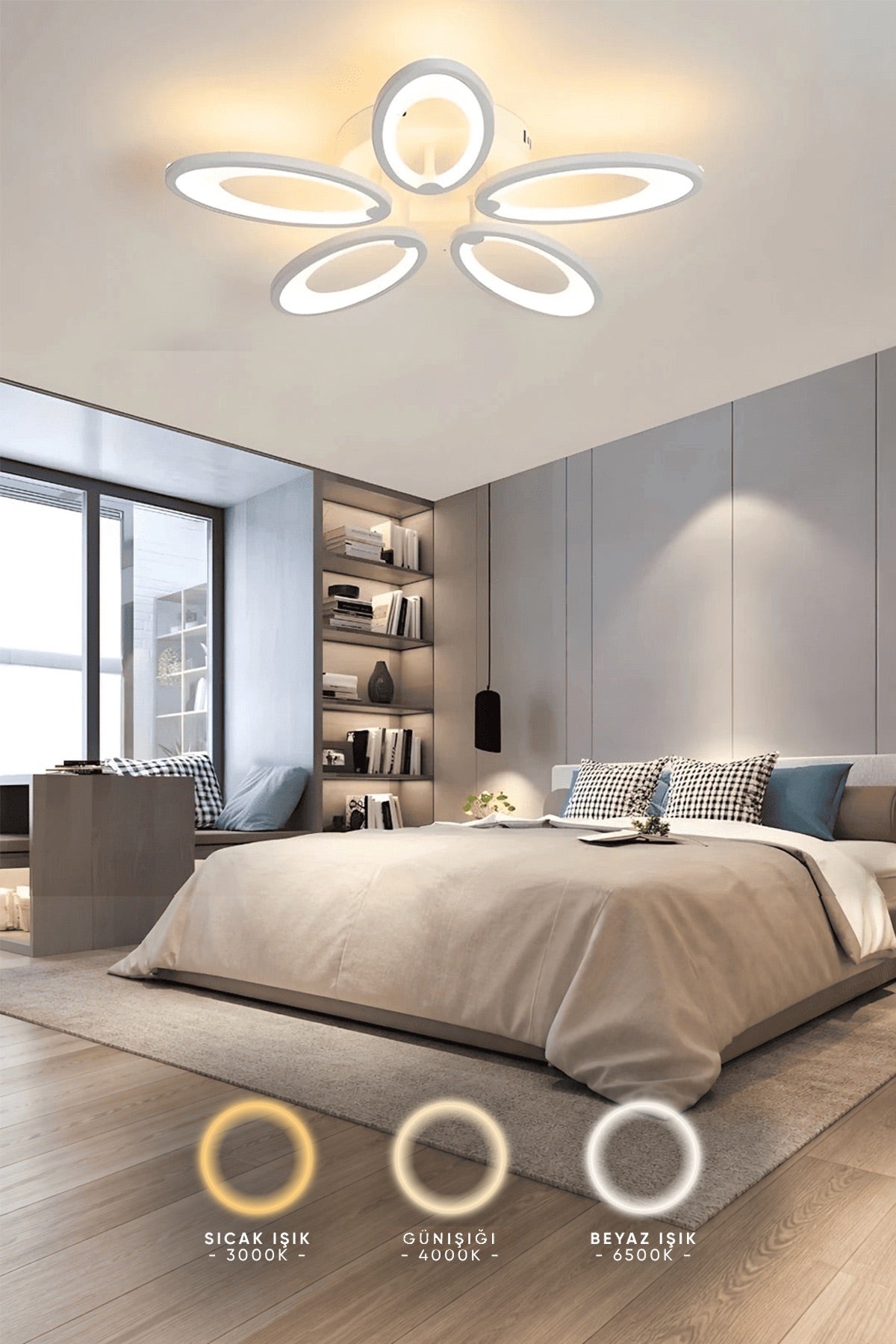 MS31005-5  Modern 3 Renk Ledli Plafonyer Beyaz Lüks 5'Lİ Ledli Avize