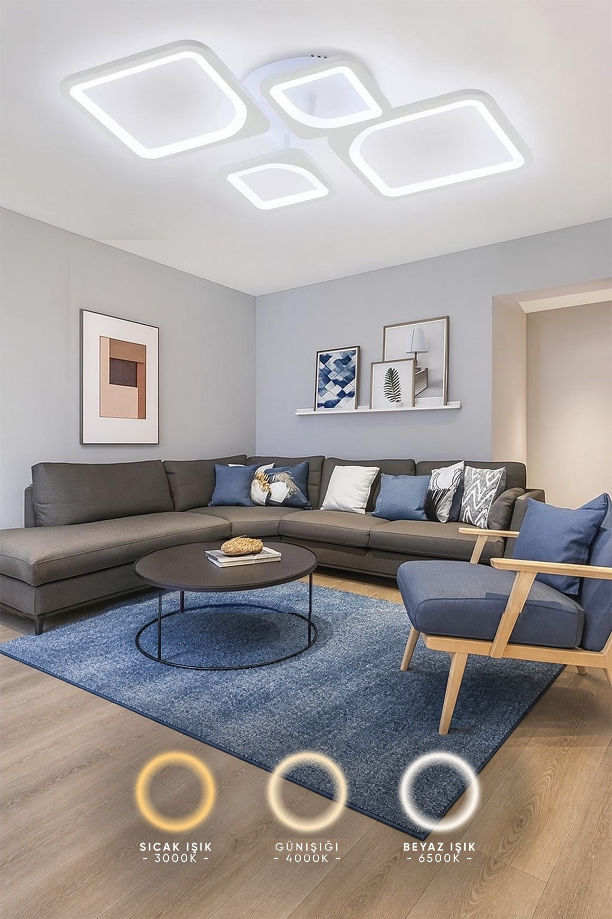 MS72005-2 +2 Moderrn 3 Renk Ledli  Beyaz Plafonyer Lüks Modern 4'lü  Ledli Avize