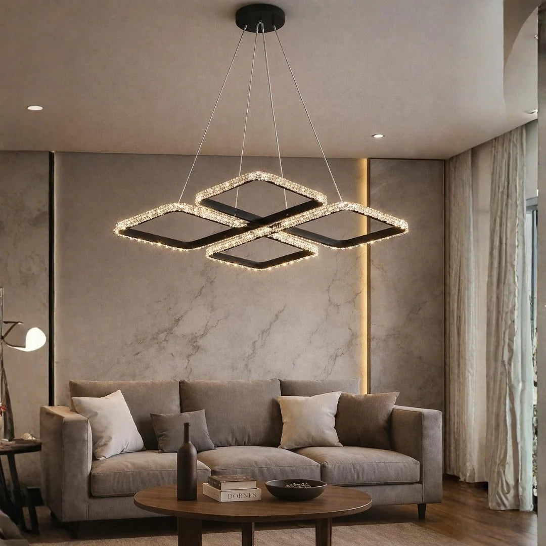 Neva Cristalya Serisi Siyah 3 Renk Ledli Sarkık Ledli Avize Modern Led Avize-Çap 50 cm