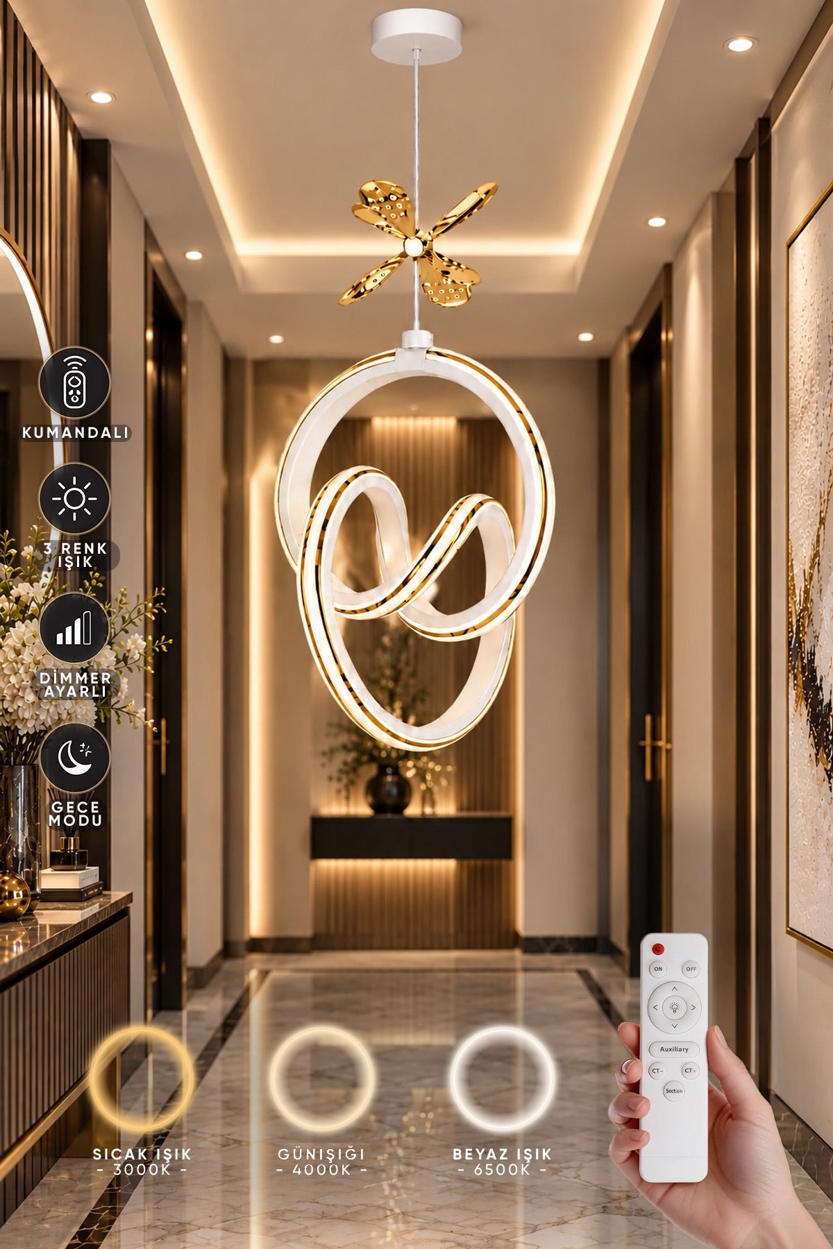 Yaren Beyaz Kumandalı 3 Renk LED Gold Çizgili Gold Kelebek Dekorlu Sarkıt Avize
