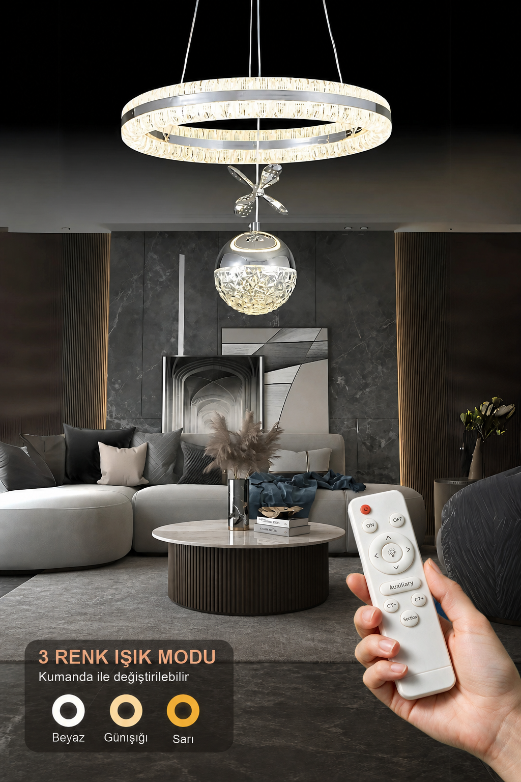 Işıltı Krom Kumandalı 3 Renk Ledli Çift Yönlü Aydınlatmalı Lüks Tasarım Ledli Avize Çap 40 cm Led Avize