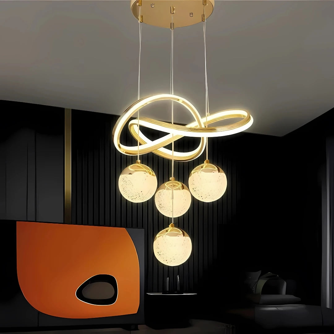 Olivia Gold Kaplama Çift Yönlü 3 Renk Modern Özel Tasarım Sarkıt Ledli Salon Avizesi