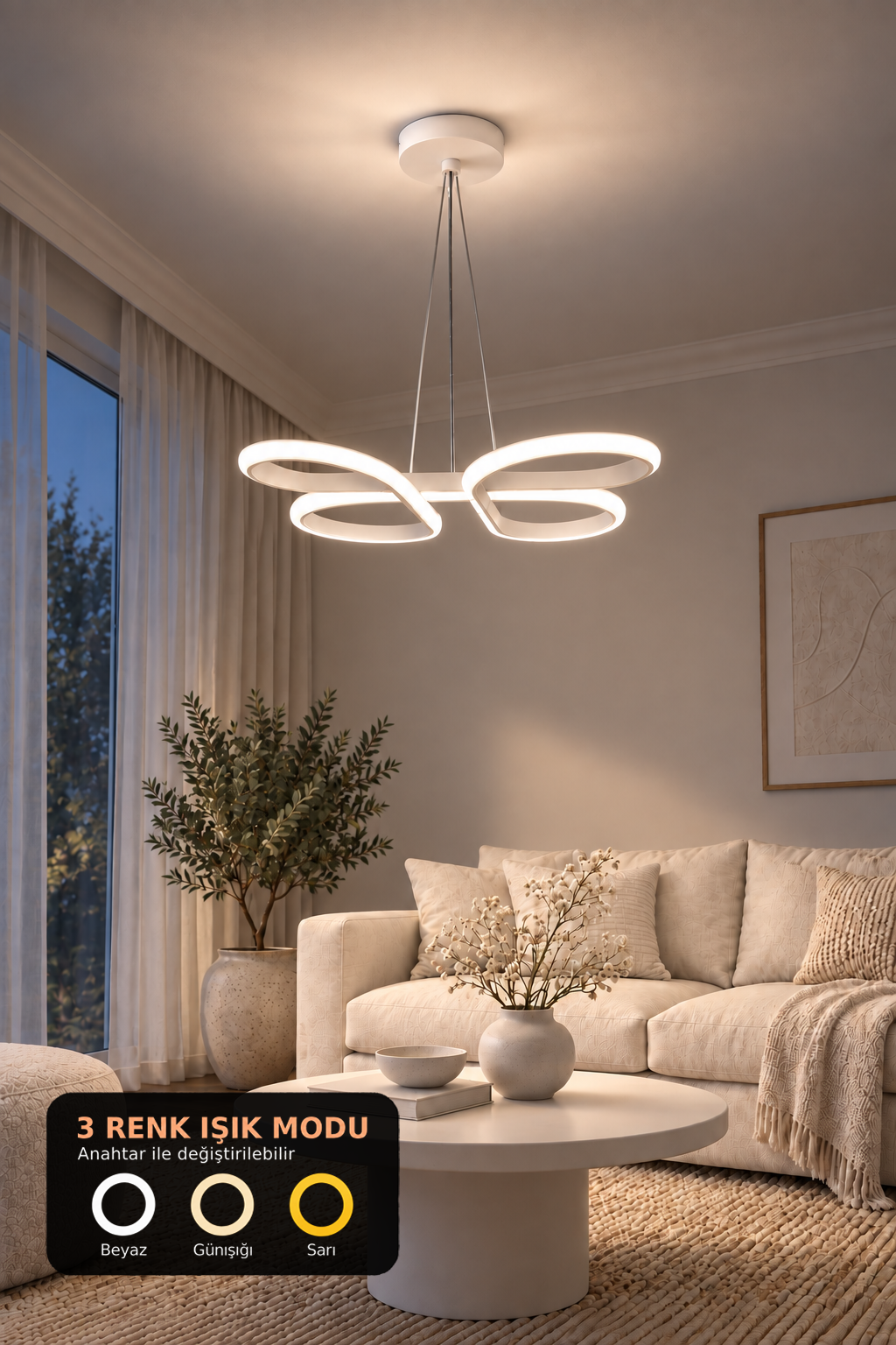 Bohem Beyaz Sarkık 3 Renk Ledli Avize Modern Led Avize
