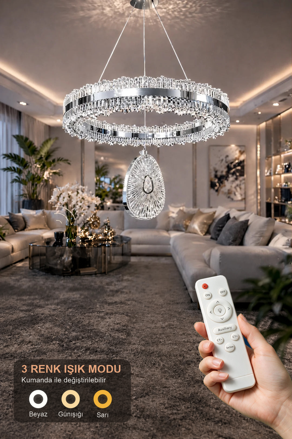 İhtişam Lüks Krom Kaplamalı Çift Yönlü Aydınlatmalı Kumandalı Dimmerli 3 Renk Ledli Avize Led Avize- Çap 40 cm