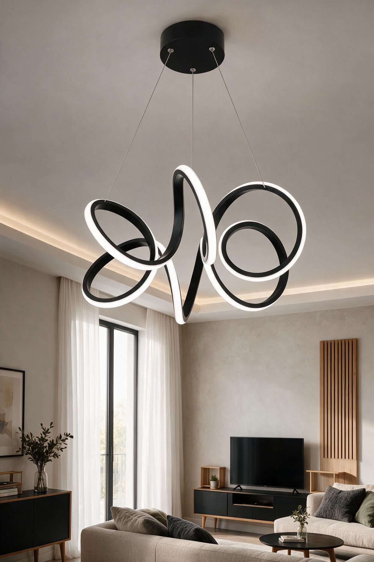 Endiy Siyah Modern Sarkıt Led Avize Beyaz Işık
