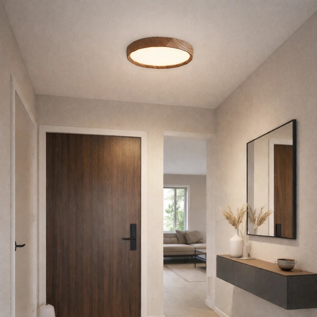 Antik Burma 26'Lık Koyu Ceviz Ahşap Desenli Plafonyer 3 Renk Ledli Hol  Antre Koridor Banyo Balkon Avizesi Ledli Avize Armatür - Çap 26 cm