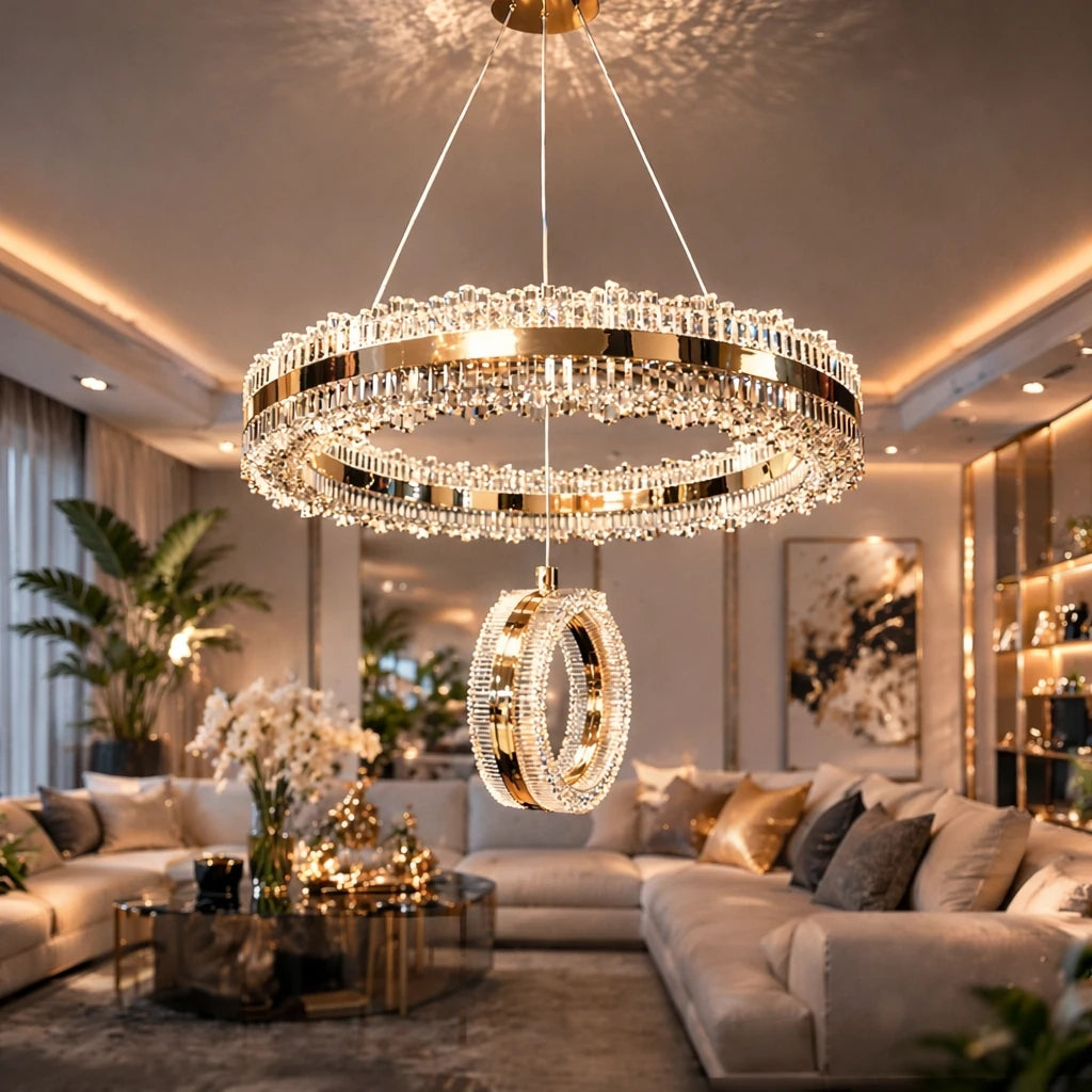 Zerafet Lüks Gold Kaplamalı Çift Yönlü Aydınlatmalı Kumandalı Dimmerli 3 Renk Ledli Avize Led Avize- Çap 40 cm