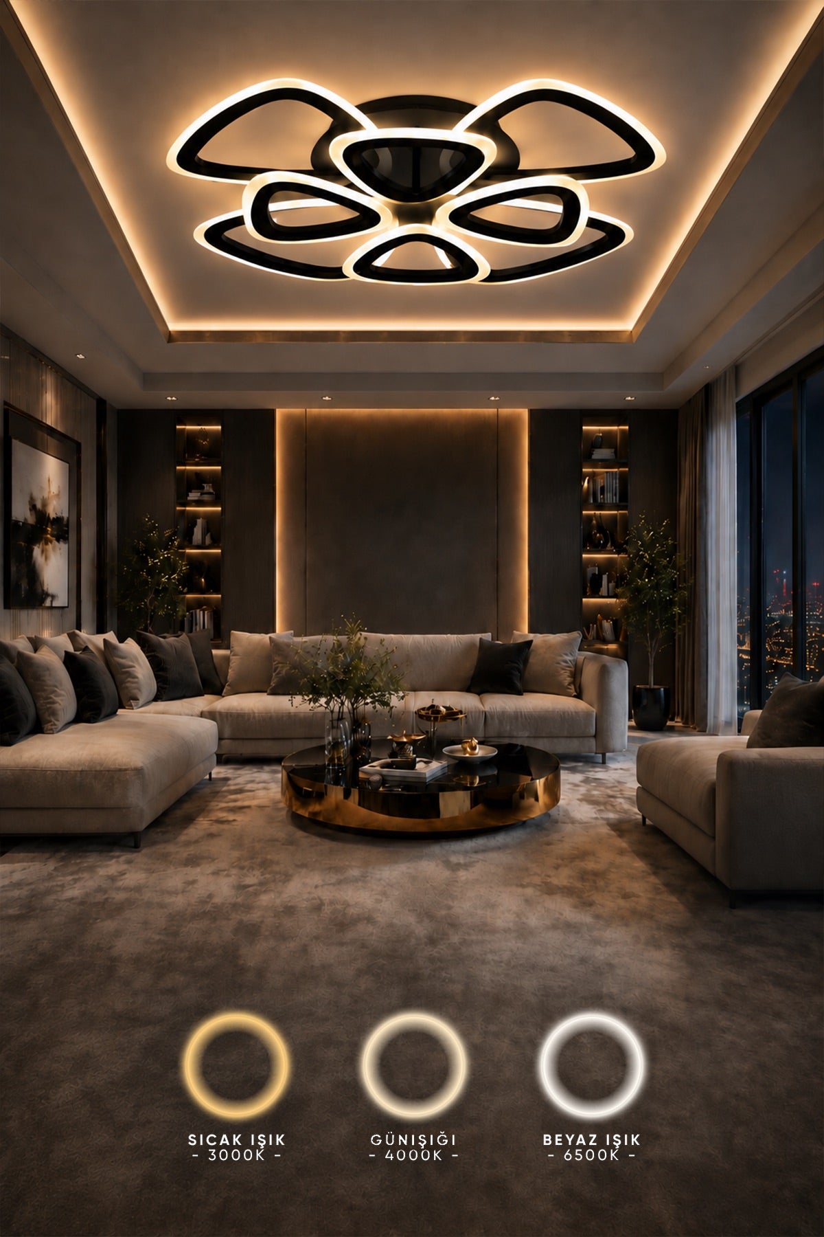 MS39005-4+4 Modern 3 Renk Ledli Mimari Tasarım Siyah Plafonyer Lüks Modern 8'Lİ Ledli Avize