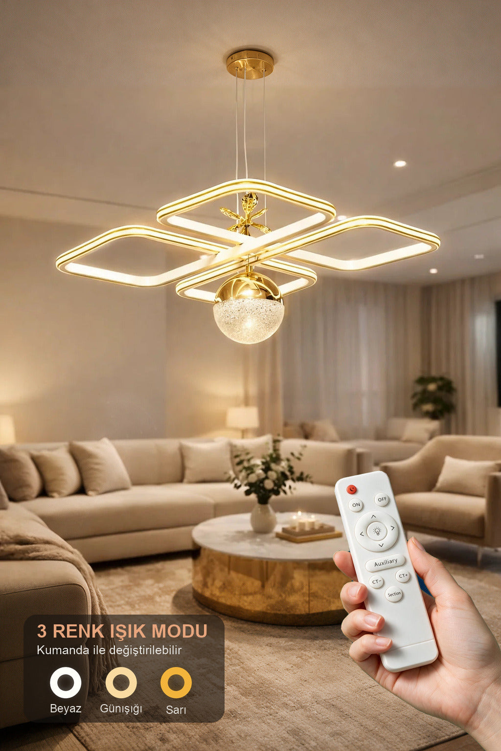 Milano Gold Beyaz Özel Tasarım Gold Çizgi Detaylı Uzaktan Kumandalı Dimmerli Gece Modlu 3 Renk Ledli Avize - Çap 50 cm