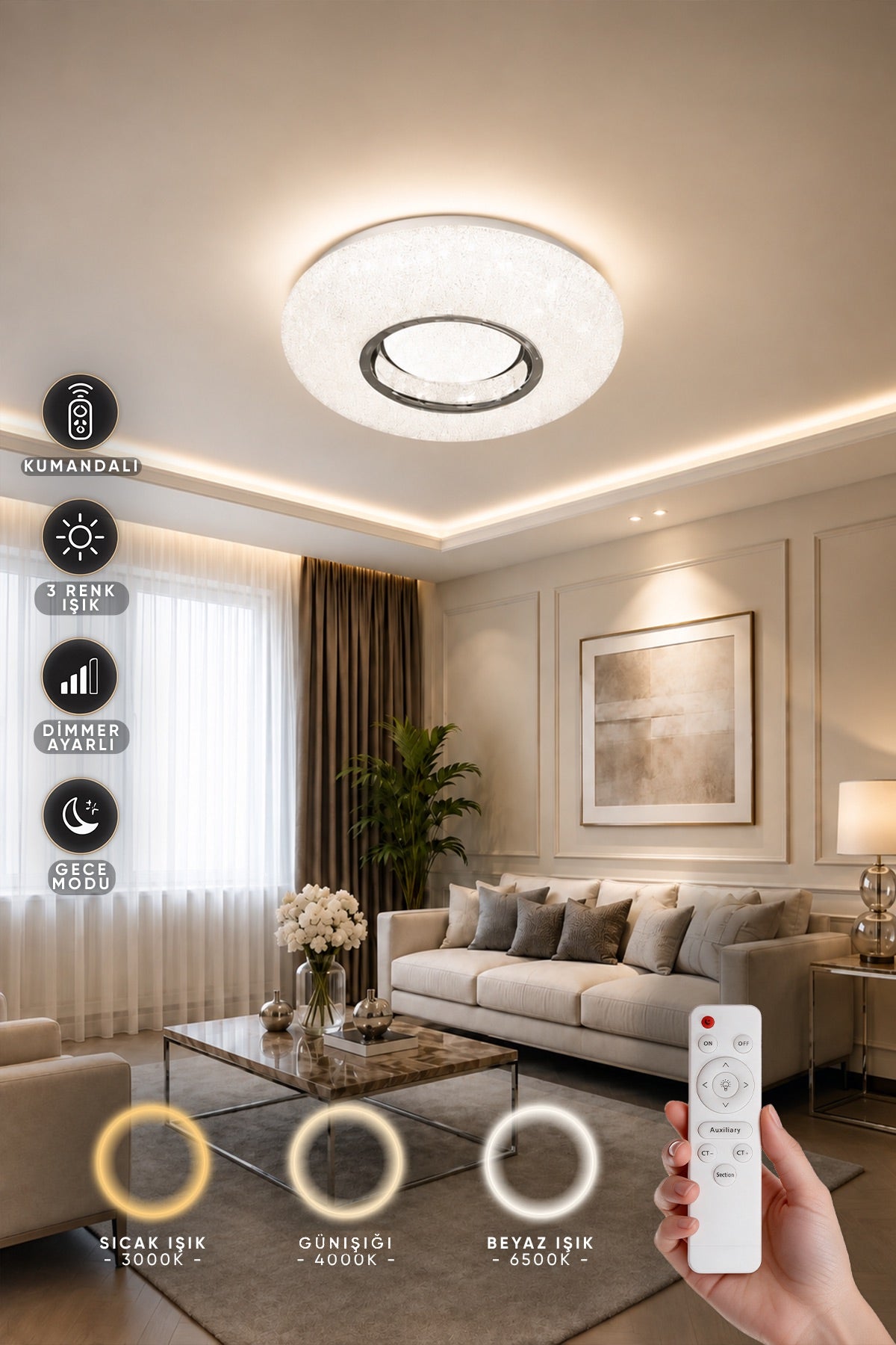 Lara Krom Uzaktan Kumandalı 3 Renk 50 cm Led Avize