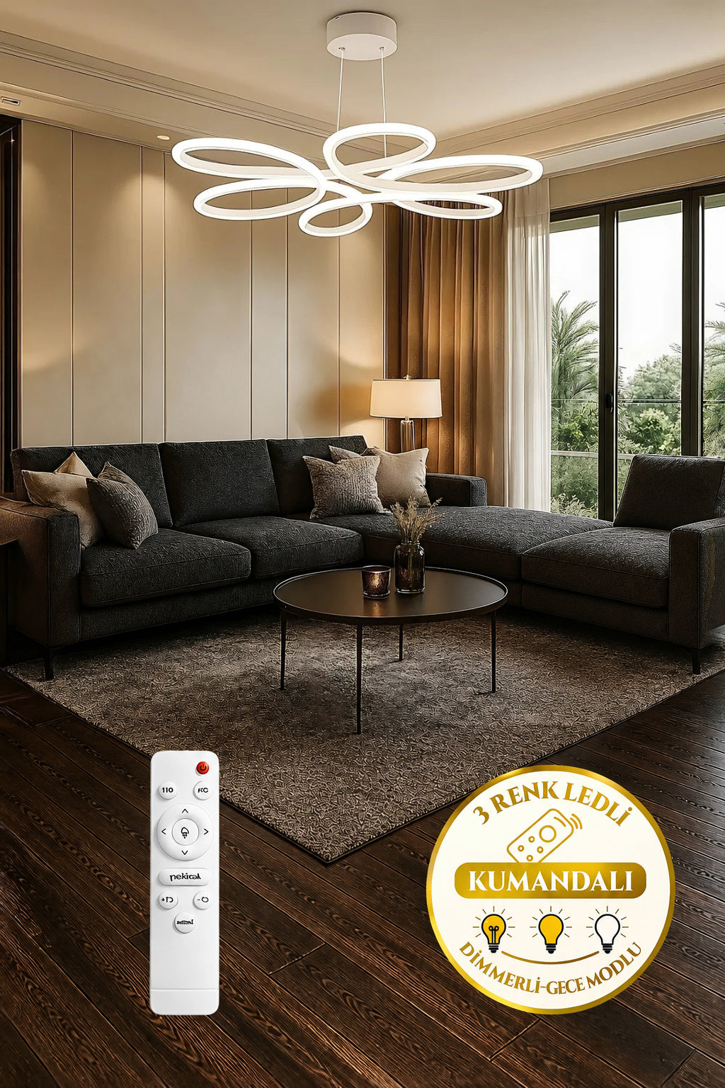 Lupin Beyaz Sarkık Kumandalı 3 Renk Ledli Dimmerli Sarkıt Modern Ledli Avize-Çap 60 cm