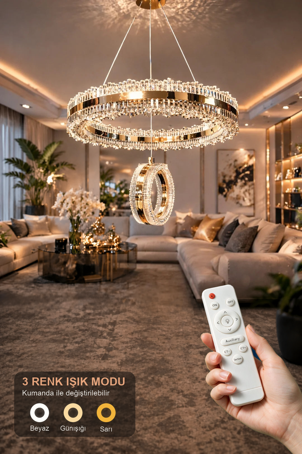 Zerafet Lüks Gold Kaplamalı Çift Yönlü Aydınlatmalı Kumandalı Dimmerli 3 Renk Ledli Avize Led Avize- Çap 40 cm