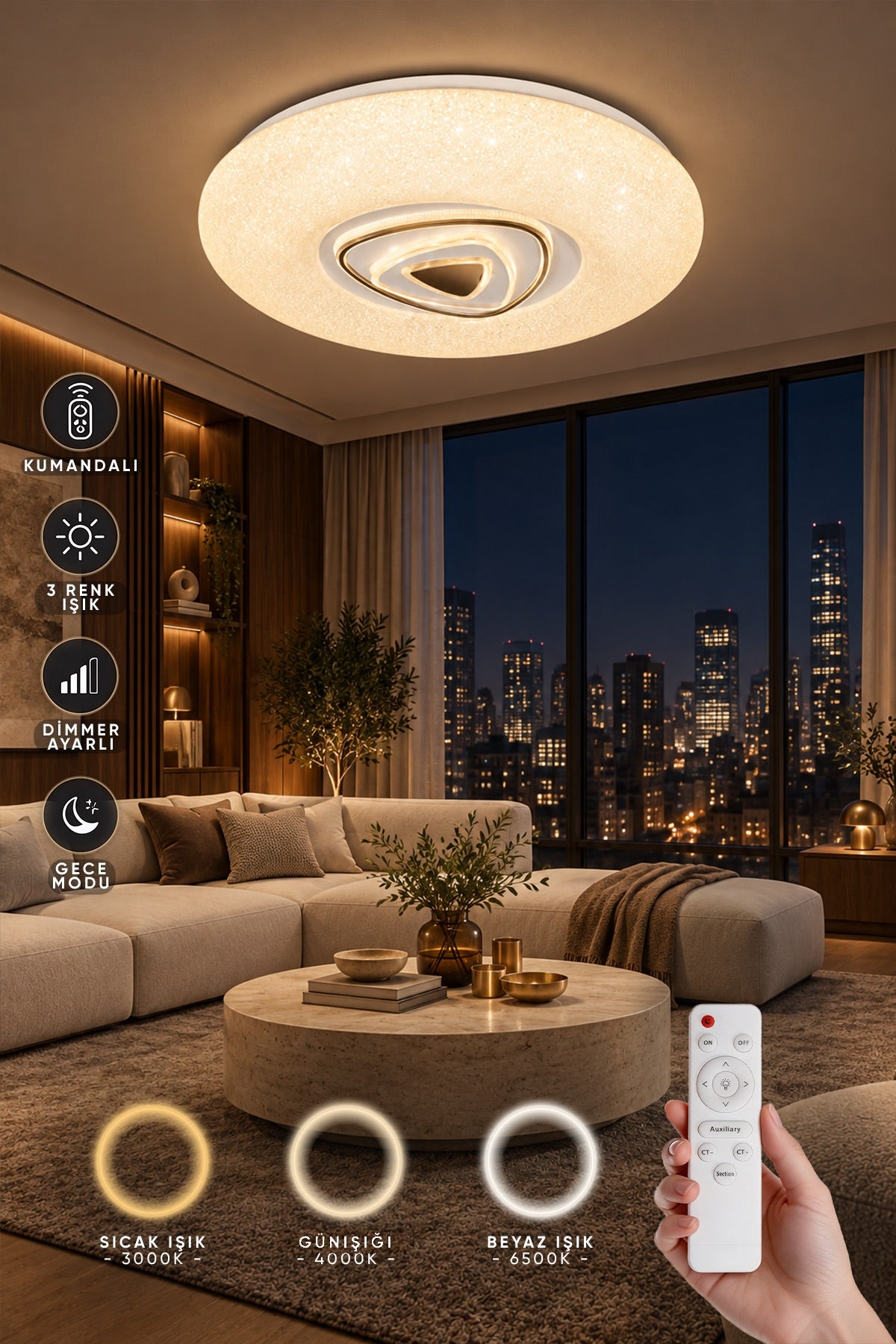 Bermuda Gold Uzaktan Kumandalı 3 Renk 50 cm Led Avize