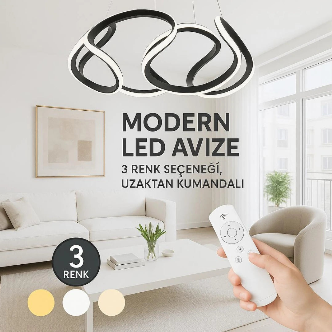 Artemis Siyah Kumandalı 3 Renk Ledli Dimmerli Sarkık Modern Ledli Avize