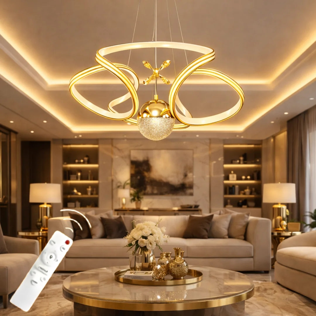 Calista Gold Beyaz Özel Tasarım Gold Çizgi Detaylı Uzaktan Kumandalı Dimmerli Gece Modlu 3 Renk Ledli Avize - Çap 50 cm