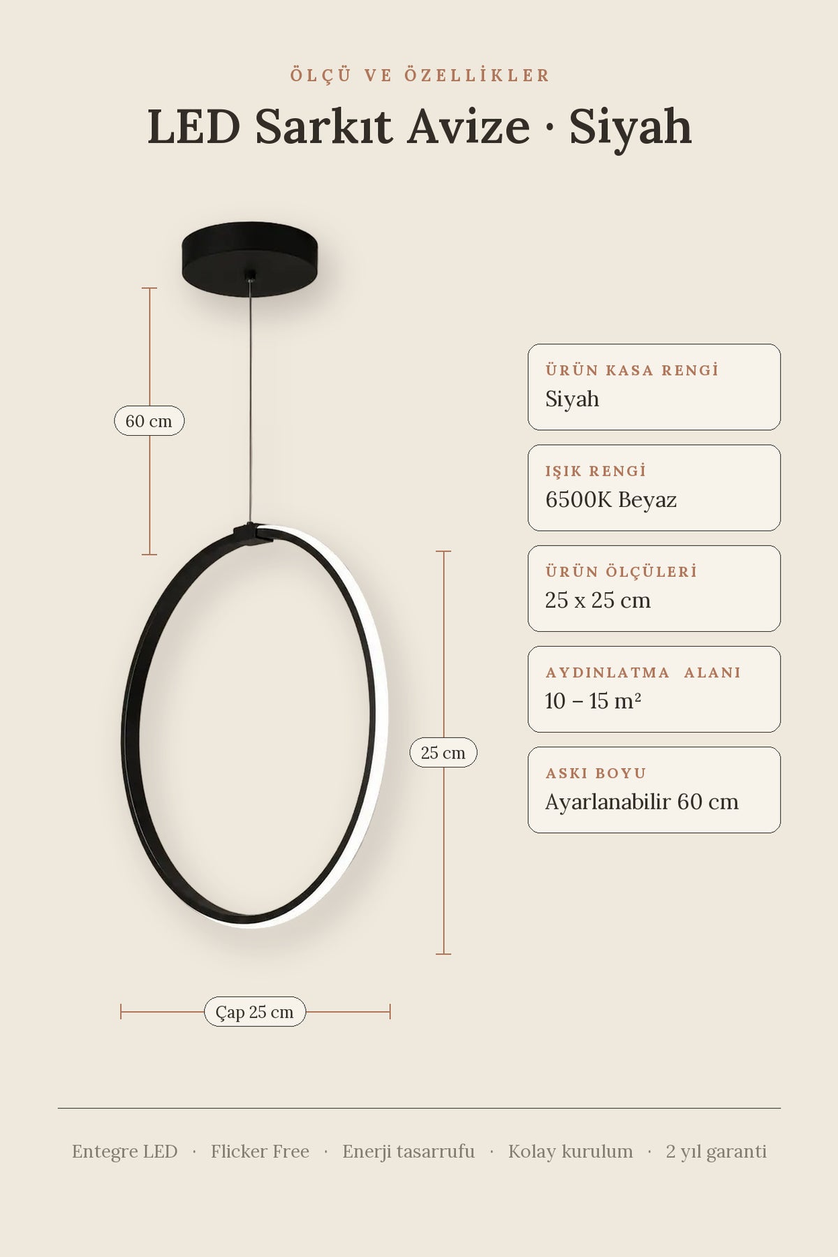 Rings Siyah Tekli Sarkıt Led Beyaz Işık Ultra Ledli Salon Mutfak Oda Hol Ledli Avize