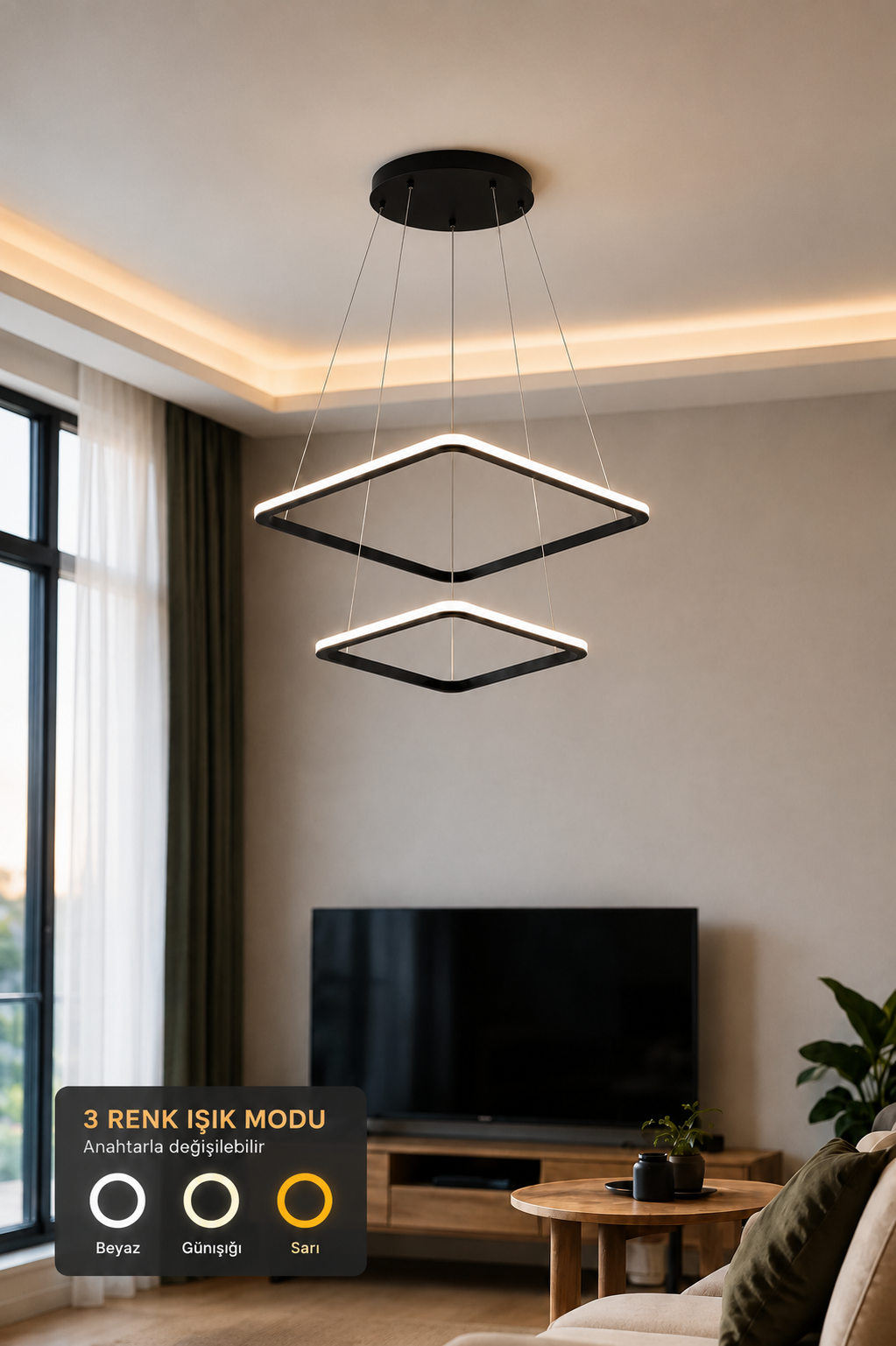 Maria Siyah Kare 3 Renk Ledli Avize Sarkık 2'Li Ledli Avize Modern Led Avize