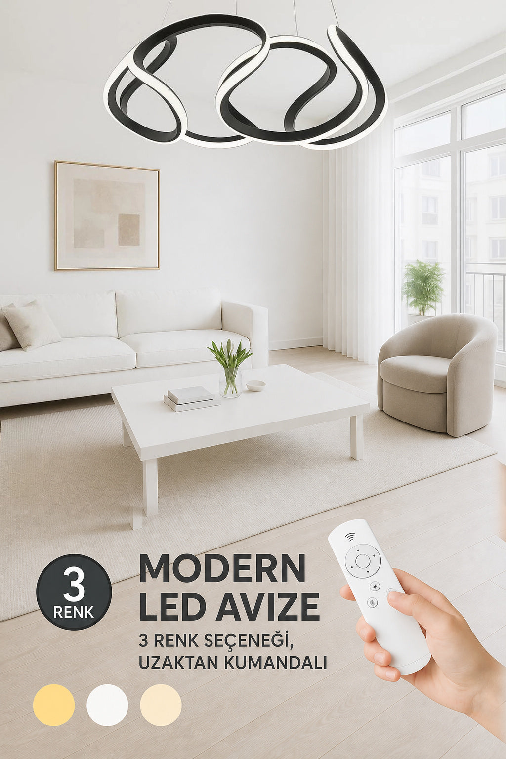 Artemis Siyah Kumandalı 3 Renk Ledli Dimmerli Sarkık Modern Ledli Avize