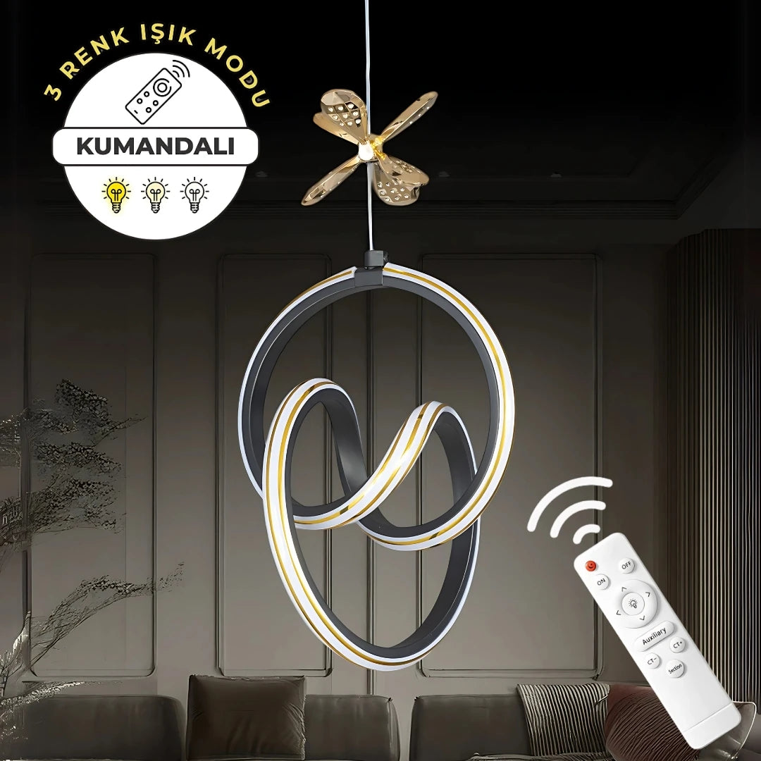 Yaren Siyah Uzaktan Kumandalı 3 Renk Ledli Özel Tasarım Gold Çizgili Gold Kelebek Dekor Detaylı Sarkık Ledli Avize Kumandalı Avize Dimmerli Avize