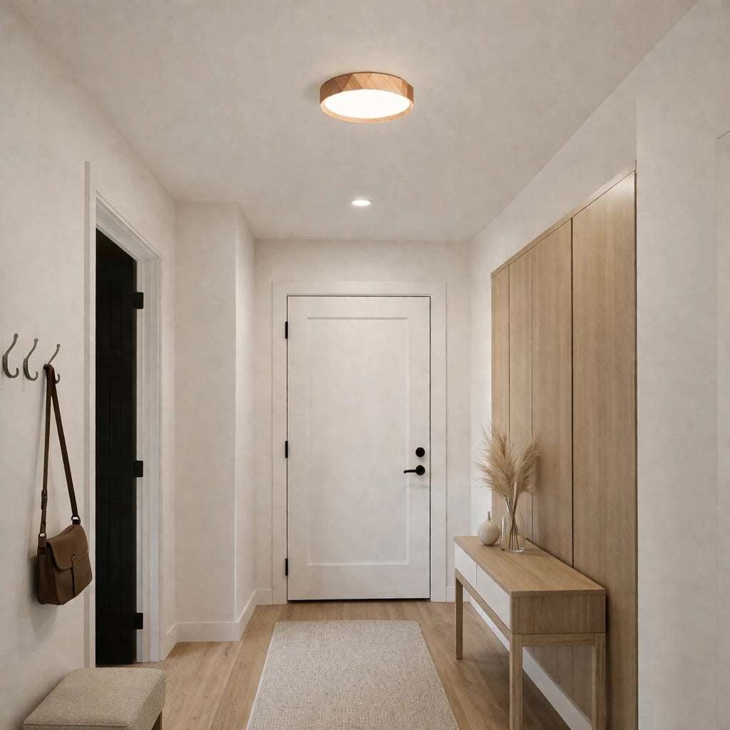 Antik Burma 26'Lık Meşe Ahşap Desenli Plafonyer 3 Renk Ledli Hol Antre Koridor Banyo Balkon Avizesi Ledli Avize Armatür - Çap 26 cm