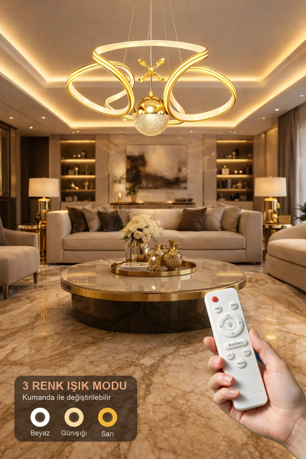Calista Gold Beyaz Özel Tasarım Gold Çizgi Detaylı Uzaktan Kumandalı Dimmerli Gece Modlu 3 Renk Ledli Avize - Çap 50 cm