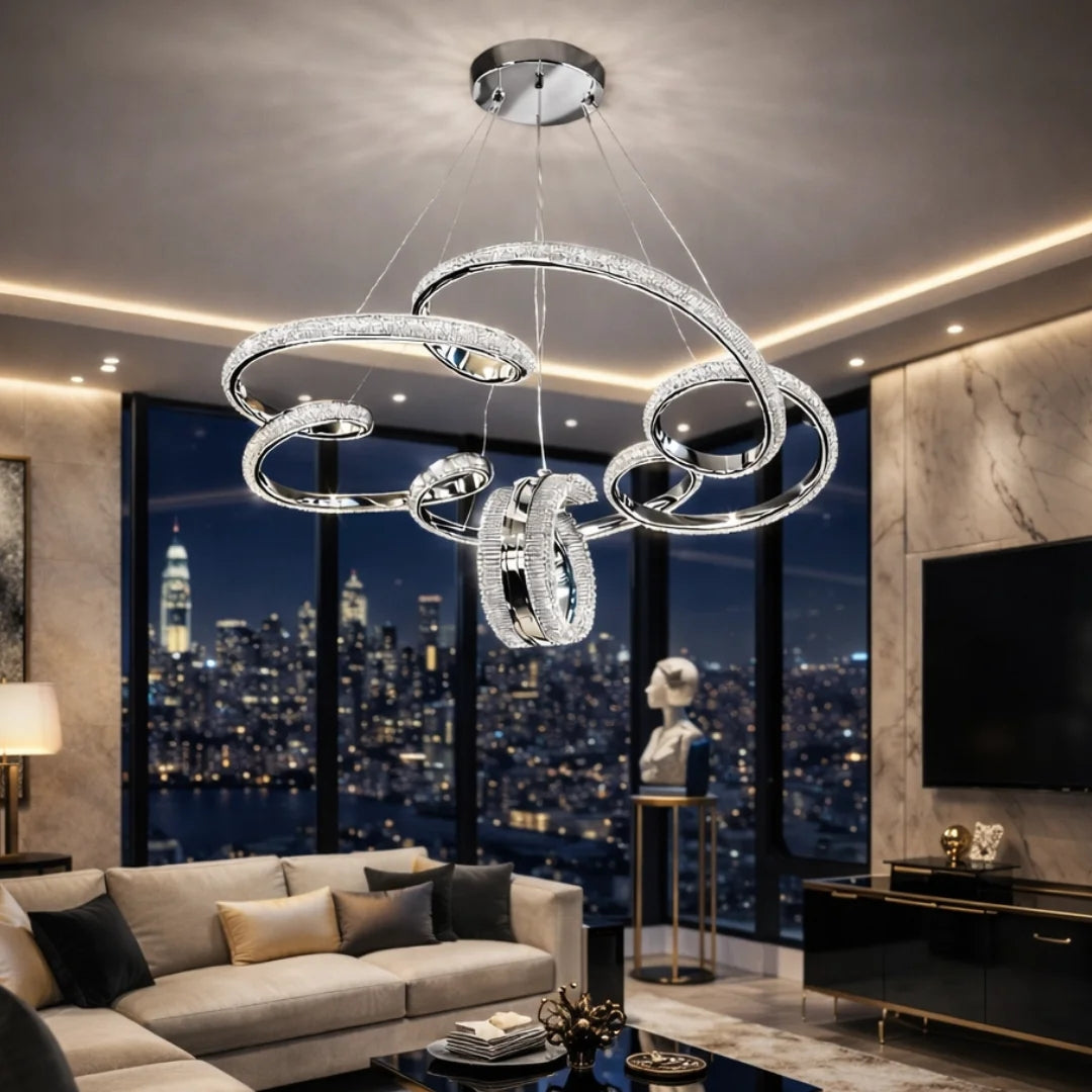 Platin Lüks Cristalya Serisi Orjinal Gold Kaplamalı 3 Renk Ledli Sarkıt Ledli Avize Modern Led Avize-Çap 50 cm