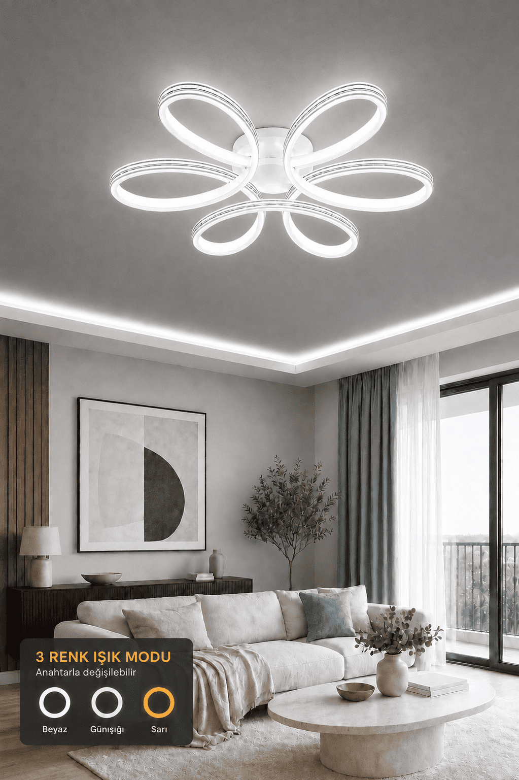 Lupinella Beyaz Krom Çizgili 3 Renk 60 cm Led Avize