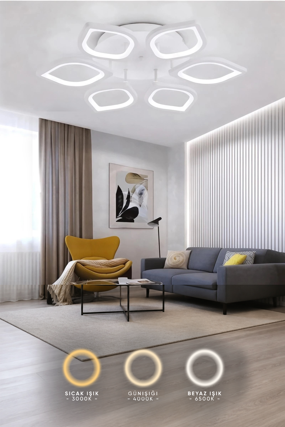 MS53005-6 Modern 3 Renk Ledli  Beyaz Plafonyer Lüks  6'lı  Ledli Avize