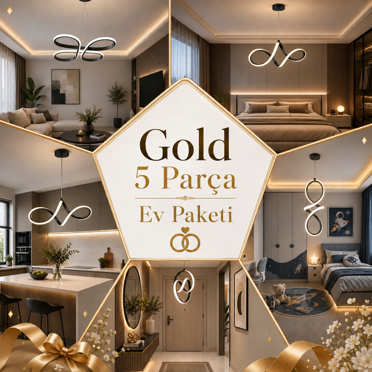 Gold 5 Parça Ev Paketi - Ev Aydınlatma Seti Siyah