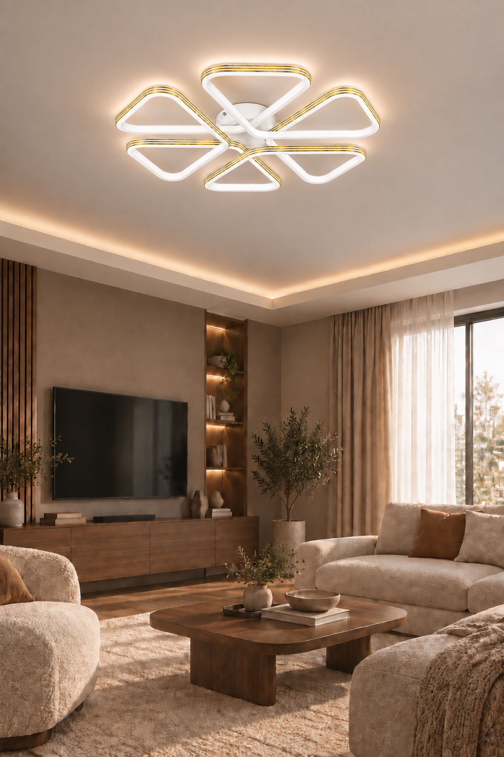 Oslo Beyaz Modern Gold Çizgili Plafonyer Ultra Power Beyaz Ledli Avize