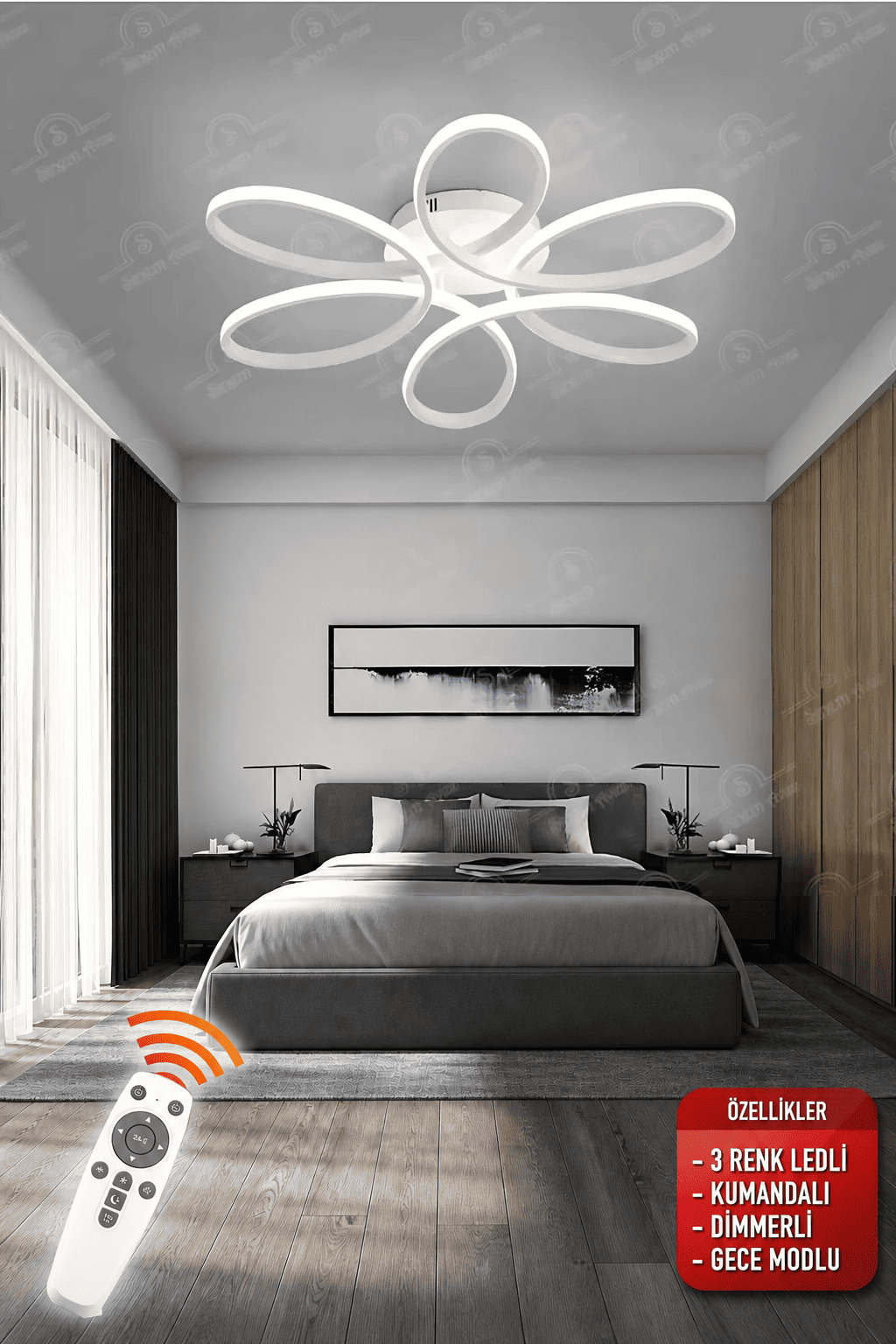 Star Beyaz Kumandalı 3 Renk Ledli Dimmerli Plafonyer Modern Ledli Avize