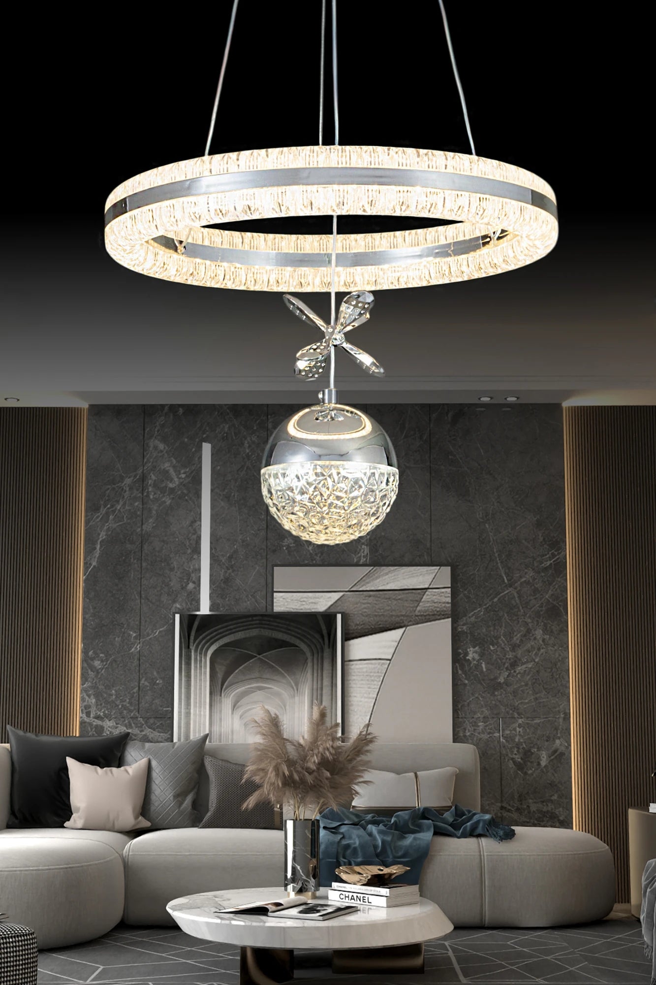 Işıltı Krom Kumandalı 3 Renk Ledli Çift Yönlü Aydınlatmalı Lüks Tasarım Ledli Avize Çap 40 cm Led Avize
