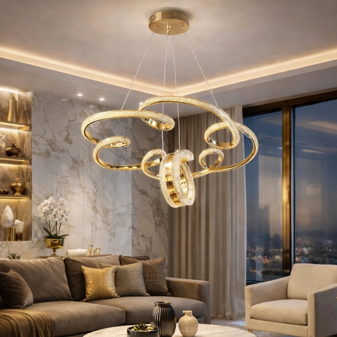 Platin Lüks Cristalya Serisi Orjinal Gold Kaplamalı 3 Renk Ledli Sarkıt Ledli Avize Modern Led Avize-Çap 50 cm