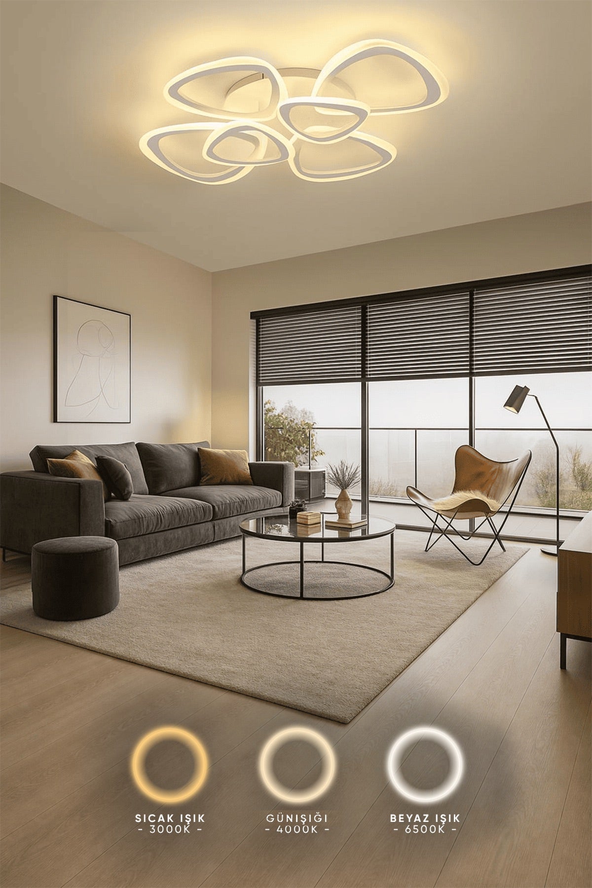 MS39005-6 Modern 3 Renk Ledli Mimari Tasarım Beyaz Plafonyer Lüks 6'LI Ledli Avize