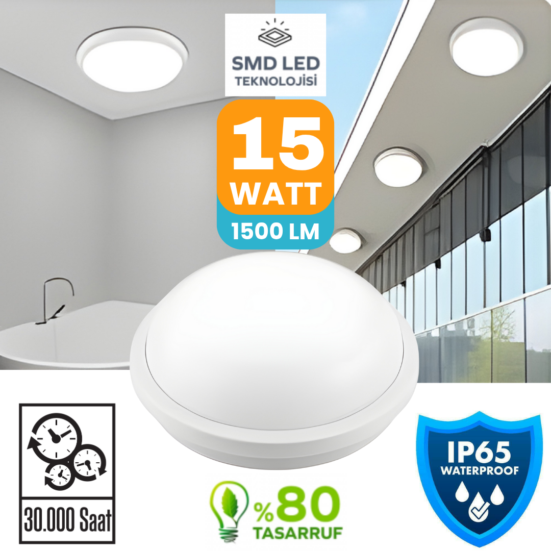 Artos 15W Beyaz Nemliyer Led Armatür 6400K Beyaz Işık