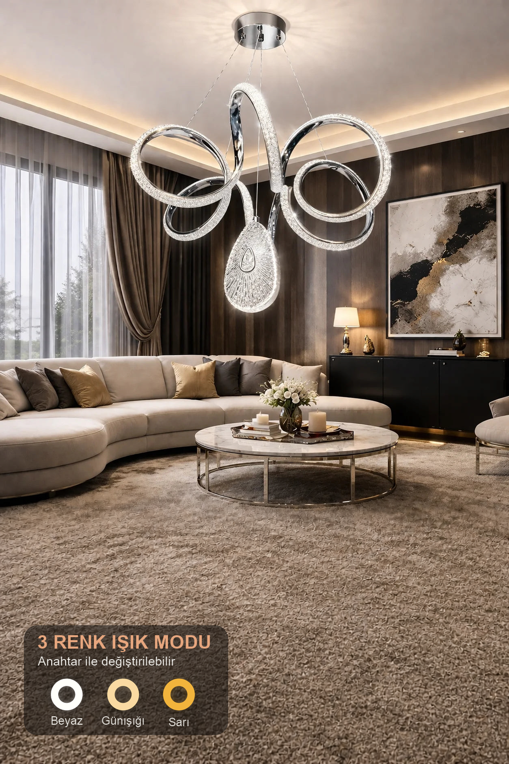 Oylum Lüks Cristalya Serisi Krom Kaplamalı 3 Renk Ledli Sarkıt Ledli Avize Modern Led Avize-Çap 50 cm