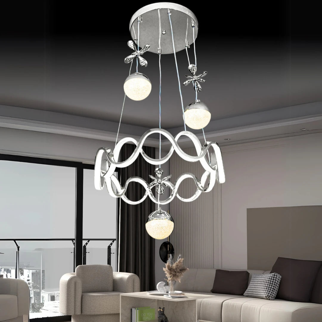 Alara Krom Kaplama 3 Renk Ledli Modern Özel Tasarım Sarkıt Ledli Avize (Salon Avizesi)