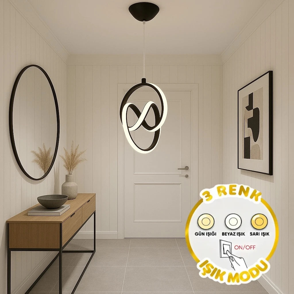 Trend Siyah 3 Renk Ledli Avize Sarkık Modern Led Avize Oturma Odası Hol Antre Koridor Avizesi