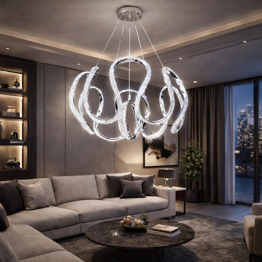 Pierra Lüks Cristalya Serisi Orjinal Krom Kaplamalı 3 Renk Ledli Sarkıt Ledli Avize Modern Led Avize-Çap 50 cm