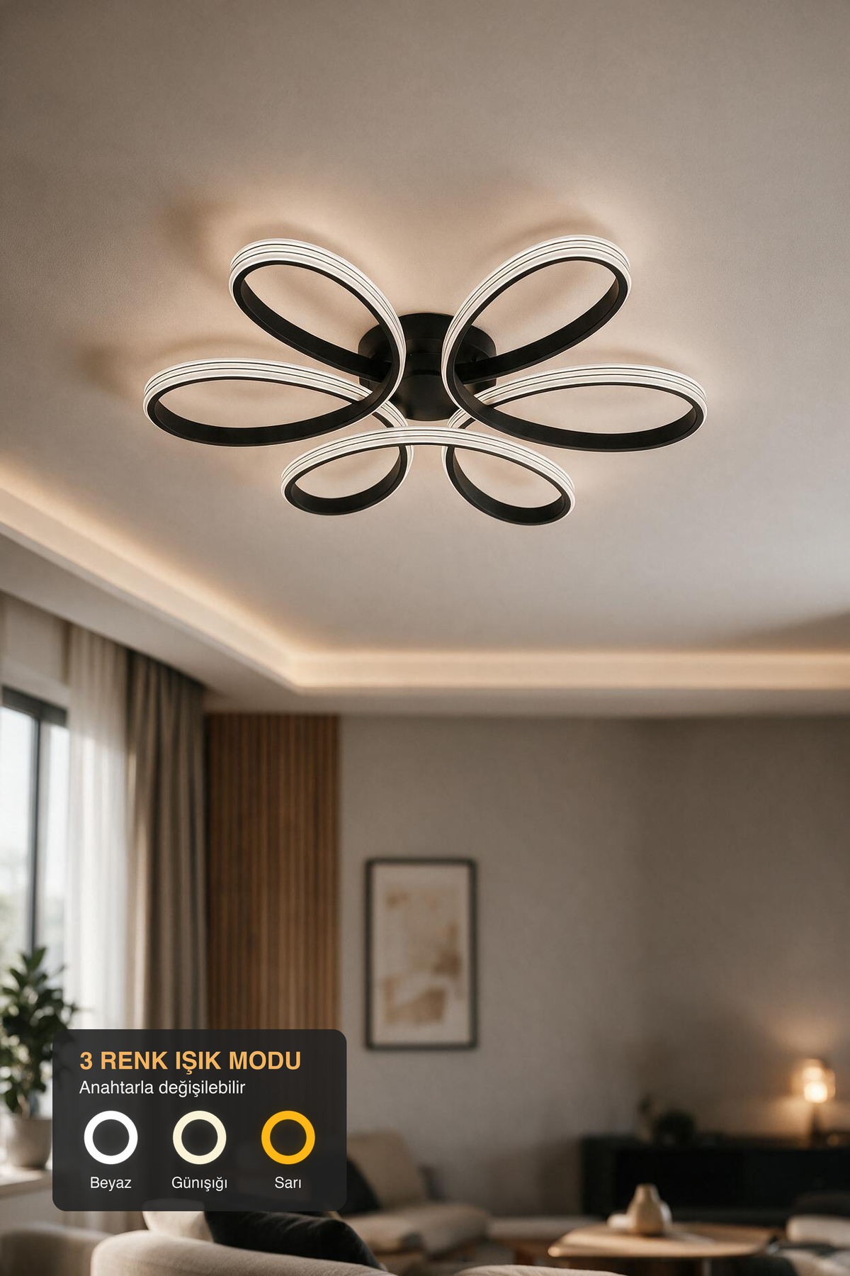 Lupinella Siyah Krom Çizgili 3 Renk 60 cm Led Avize