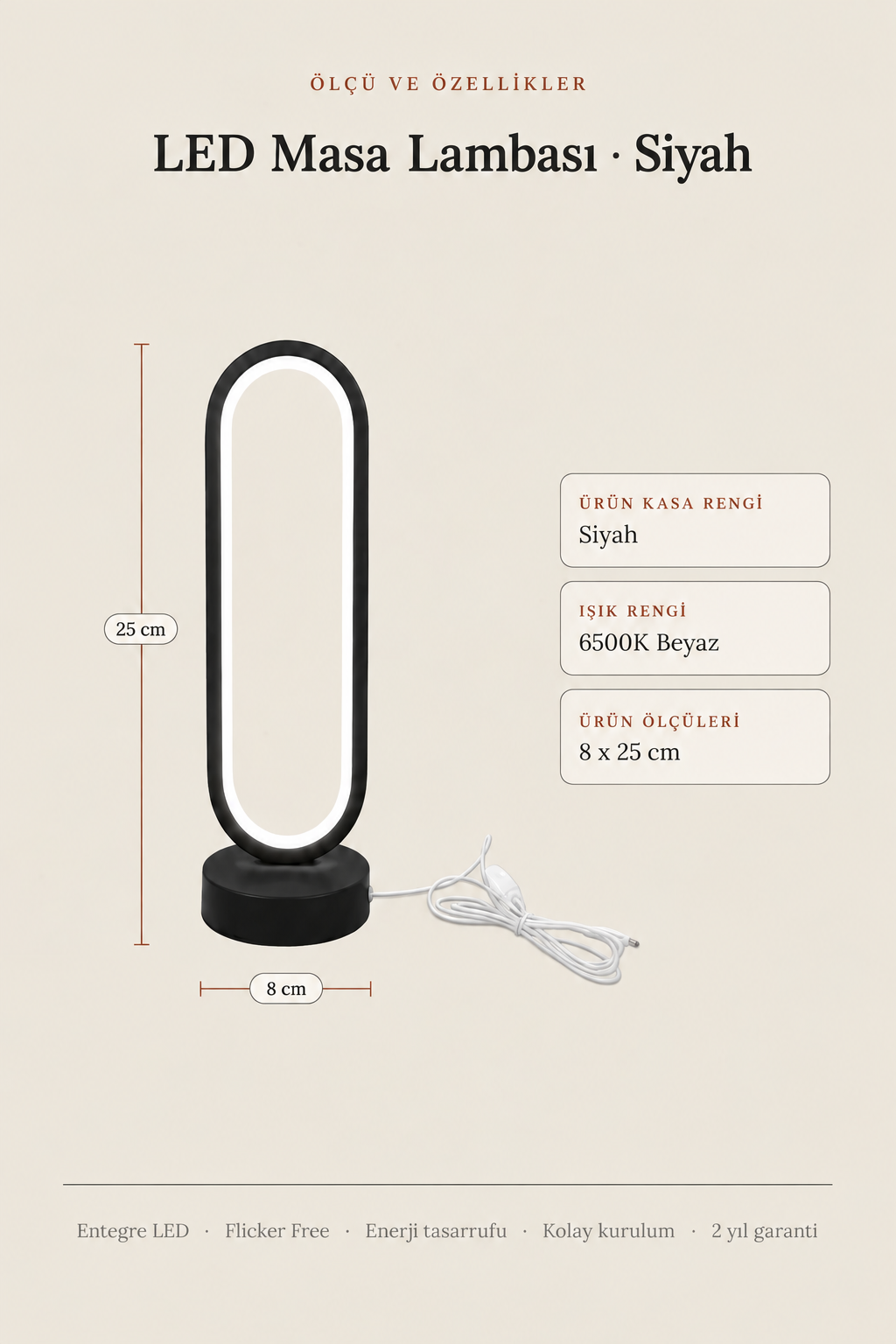 Ovis Siyah Masa Lambası Beyaz Işık Ledli Modern Led Abajur