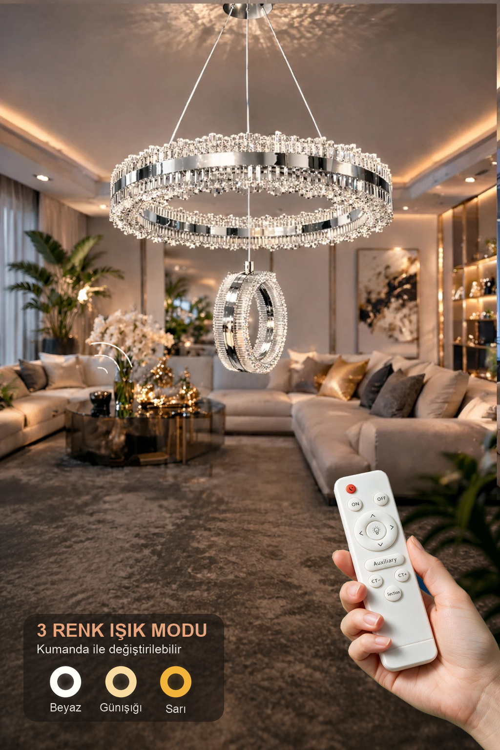 Zerafet Lüks Krom Kaplamalı Çift Yönlü Aydınlatmalı Kumandalı Dimmerli 3 Renk Ledli Avize Led Avize- Çap 40 cm