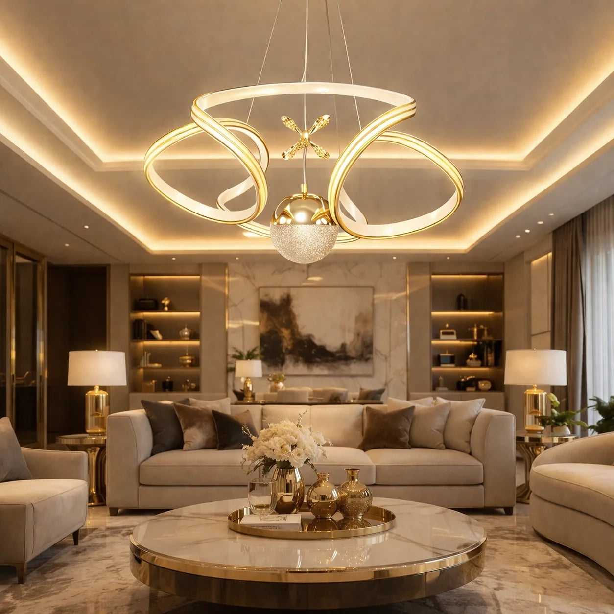 Calista Gold Beyaz Özel Tasarım Gold Çizgi Detaylı Uzaktan Kumandalı Dimmerli Gece Modlu 3 Renk Ledli Avize - Çap 50 cm