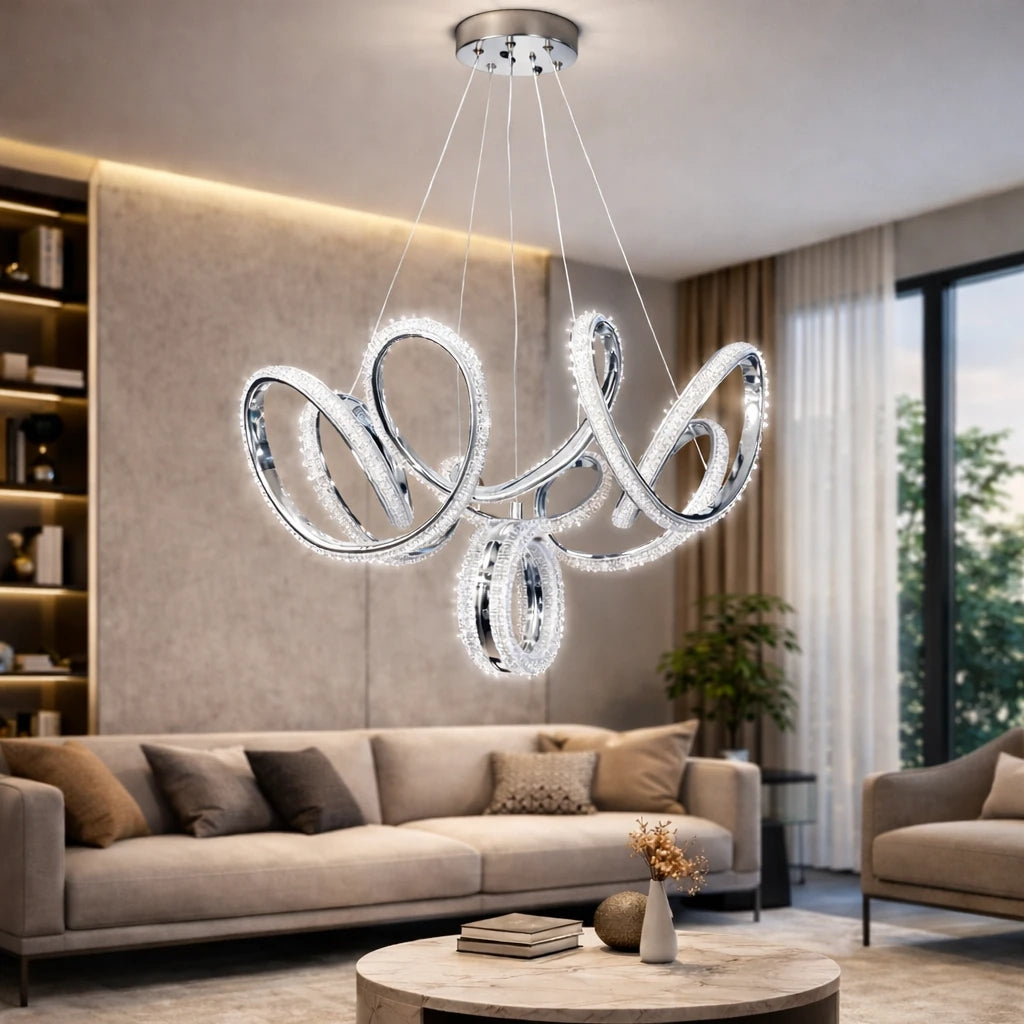 Prestij Lüks Cristalya Serisi Orjinal Krom Kaplamalı 3 Renk Ledli Sarkıt Ledli Avize Modern Led Avize-Çap 50 cm