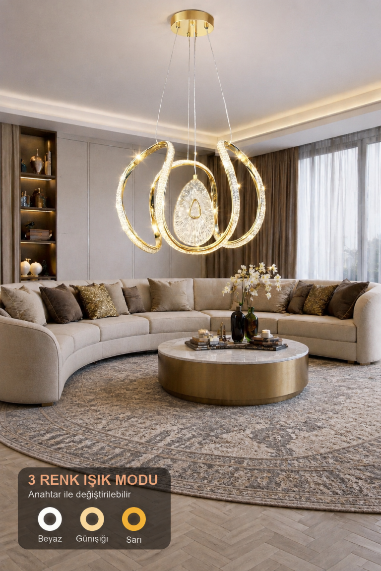 Paris Lüks Cristalya Serisi Orjinal Gold Kaplamalı 3 Renk Ledli Sarkıt Ledli Avize Modern Led Avize-Çap 30 cm