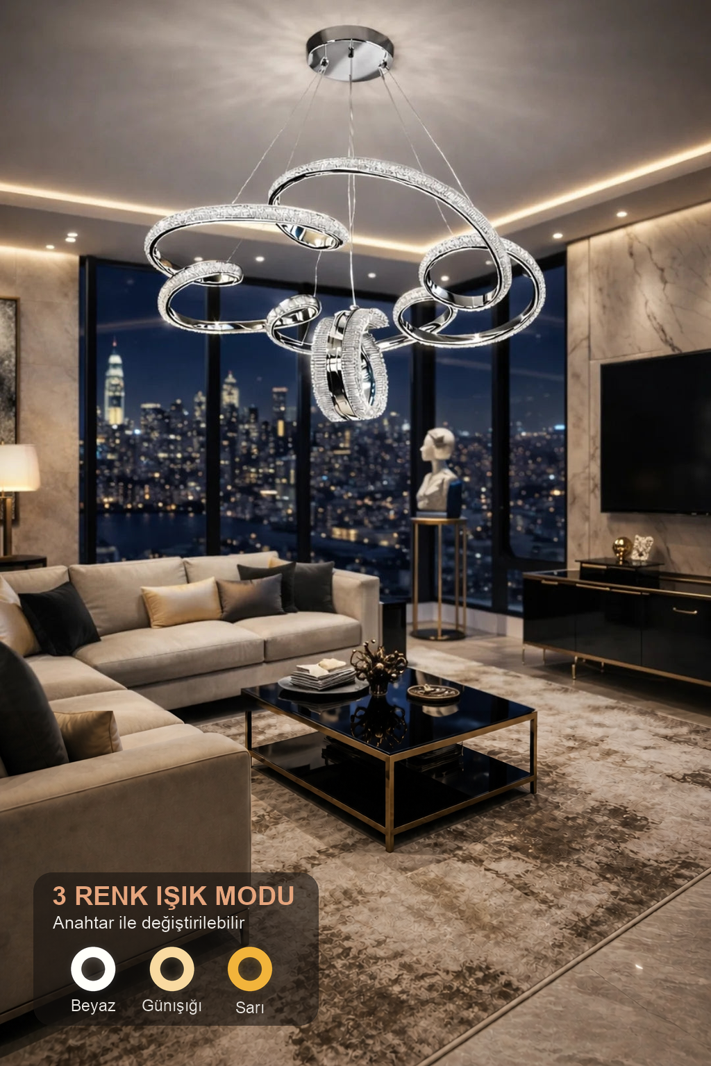 Platin Lüks Cristalya Serisi Orjinal Gold Kaplamalı 3 Renk Ledli Sarkıt Ledli Avize Modern Led Avize-Çap 50 cm