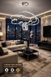 Platin Lüks Cristalya Serisi Orjinal Gold Kaplamalı 3 Renk Ledli Sarkıt Ledli Avize Modern Led Avize-Çap 50 cm