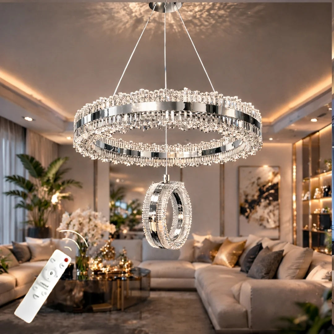 Zerafet Lüks Krom Kaplamalı Çift Yönlü Aydınlatmalı Kumandalı Dimmerli 3 Renk Ledli Avize Led Avize- Çap 40 cm