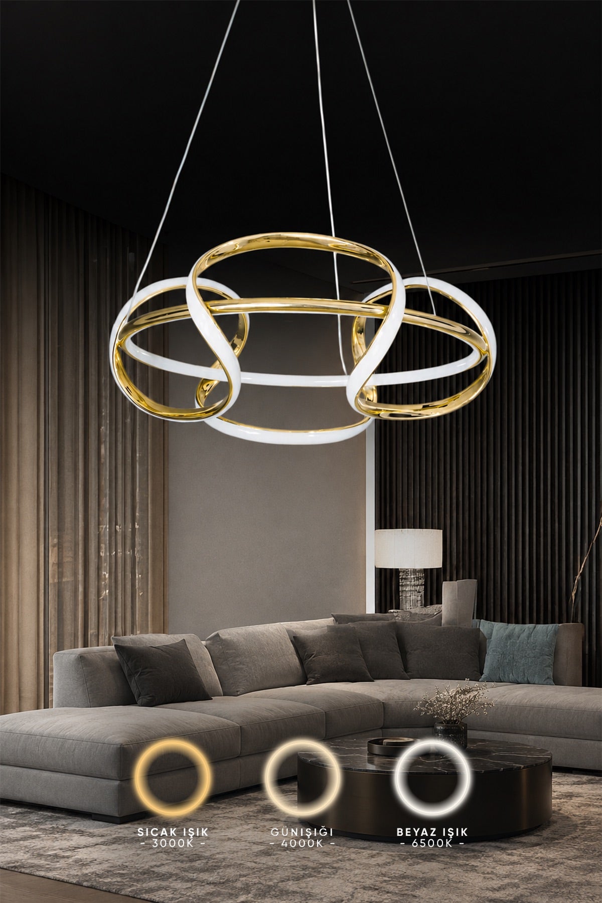 Luna Gold Kaplama 3 Renk Ledli Modern Özel Tasarım Sarkıt Led Avize